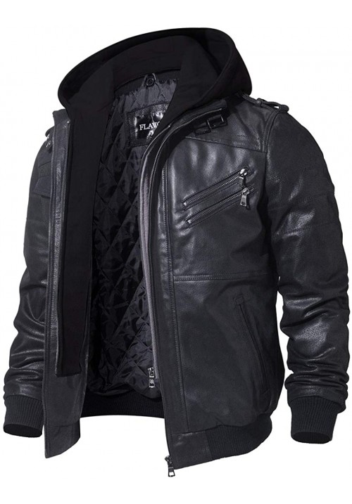 Men Black Leather Motorcycle Jacket with Removable Hood