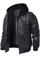Men Black Leather Motorcycle Jacket with Removable Hood