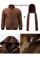 Men's Men Brown Leather Motorcycle Jacket with Removable Hood
