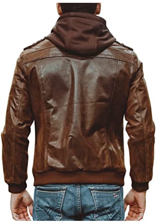 Men Brown Leather Motorcycle Jacket with Removable Hood