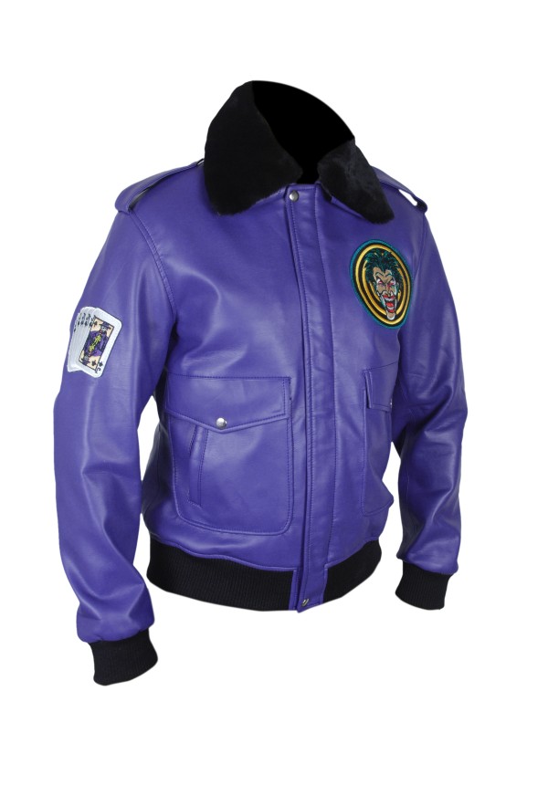 Batman 1989 Joker Goon Bomber Jacket close up showing purple faux leather and chest patch
