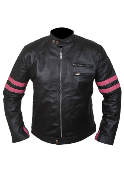 Men's Pink Ribbon Retro Two Strip Cow Leather Jacket