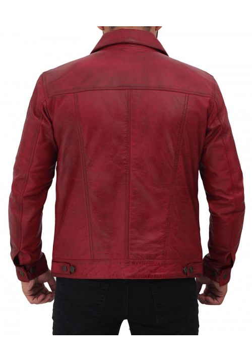 Fernando Mens Maroon Leather Trucker Jacket