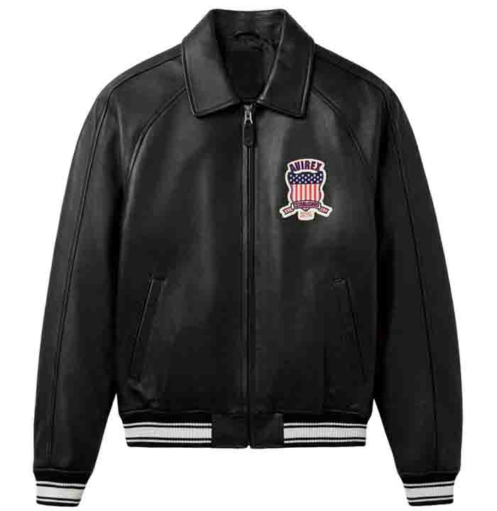 Avirex Icon Jacket - Icon Black Leather Jacket For Mens front close view showing clean black design