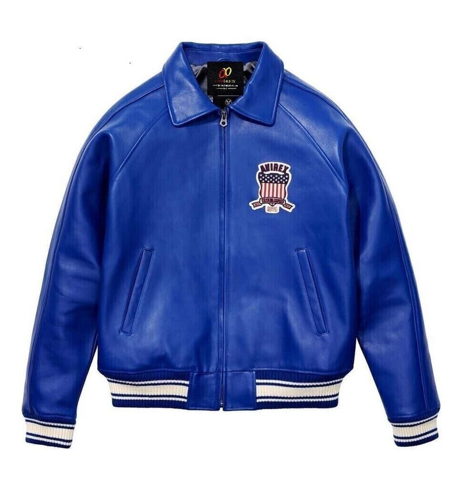 Avirex Icon Jacket - Icon Blue Leather Jacket For Mens angled view showing sleeve and front detailing
