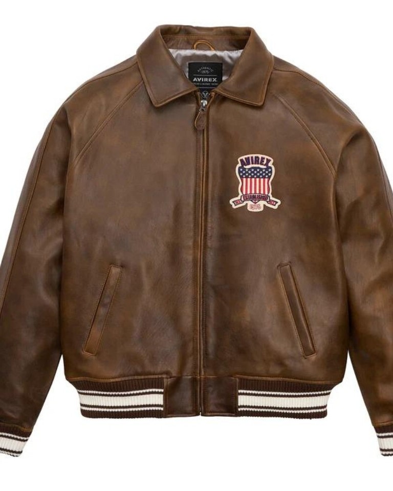 Men's Avirex Icon Jacket - Icon Brown Leather Jacket For Mens side angle detail showing premium leather texture