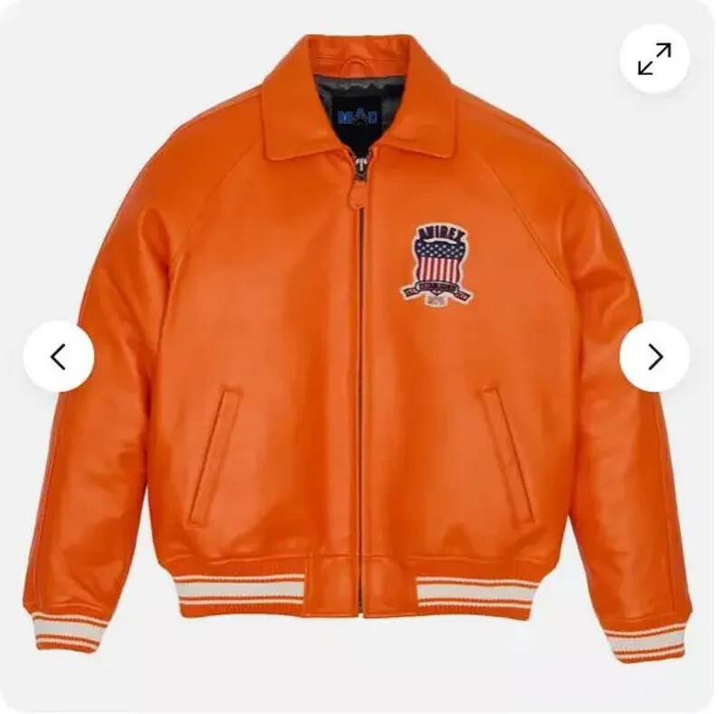 Avirex Icon Jacket - Icon Orange Leather Jacket For Mens side angle showing sleeve and structure