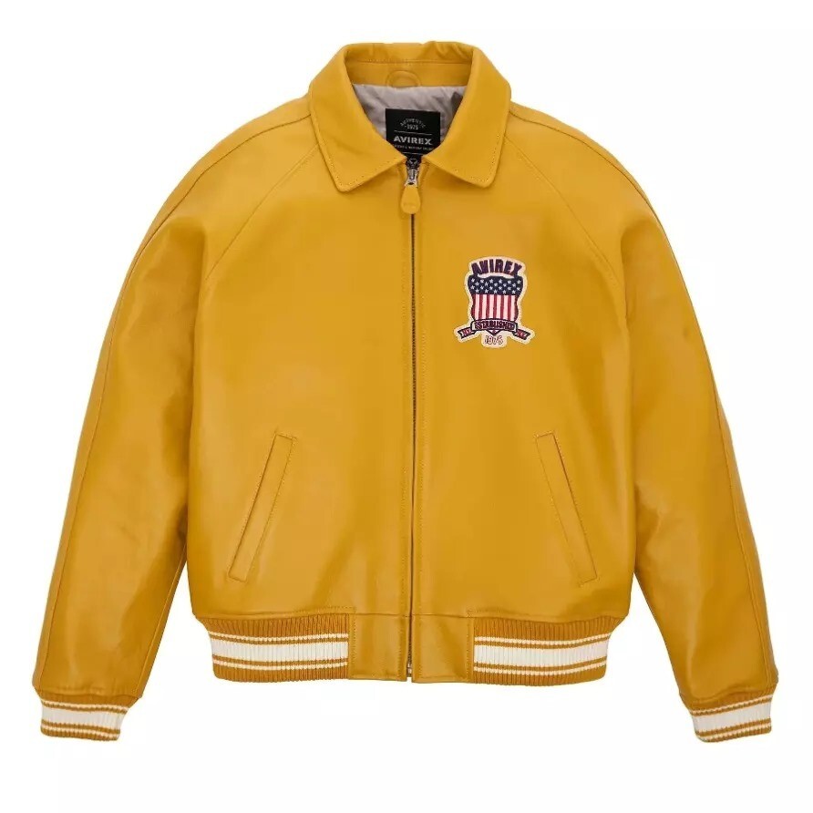 Avirex Icon Jacket - Icon Yellow Leather Jacket For Mens angled view showing sleeve and front details