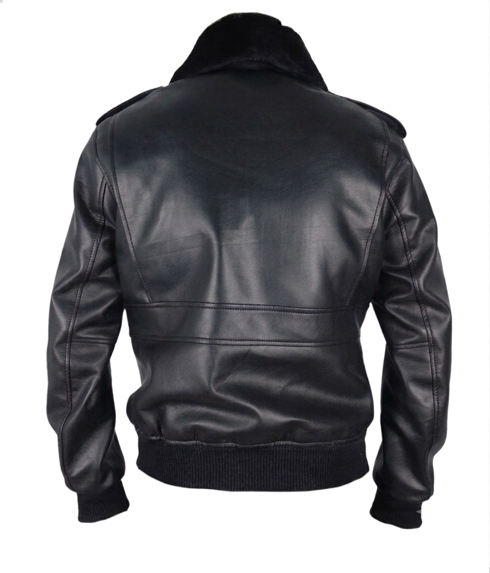 Men's Black Bomber Jacket - Detailed Back View Showing Craftsmanship