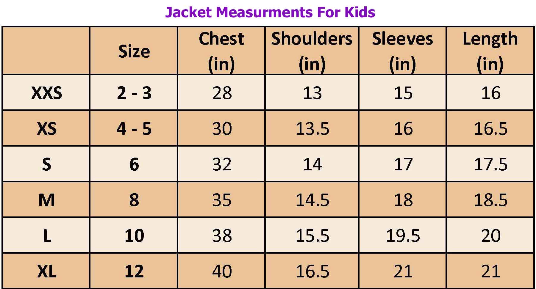 size chart for thriller costume