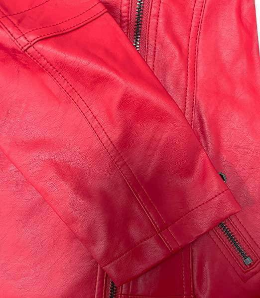 Kids Red Sheepskin Leather Jacket side profile showing structured kids red coat design