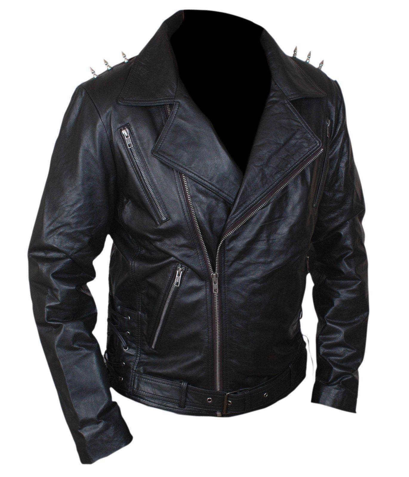 Kids Ghost Rider Nicholas Cage Biker Jacket with Metal Spikes — front detail showing zipper and spike accents