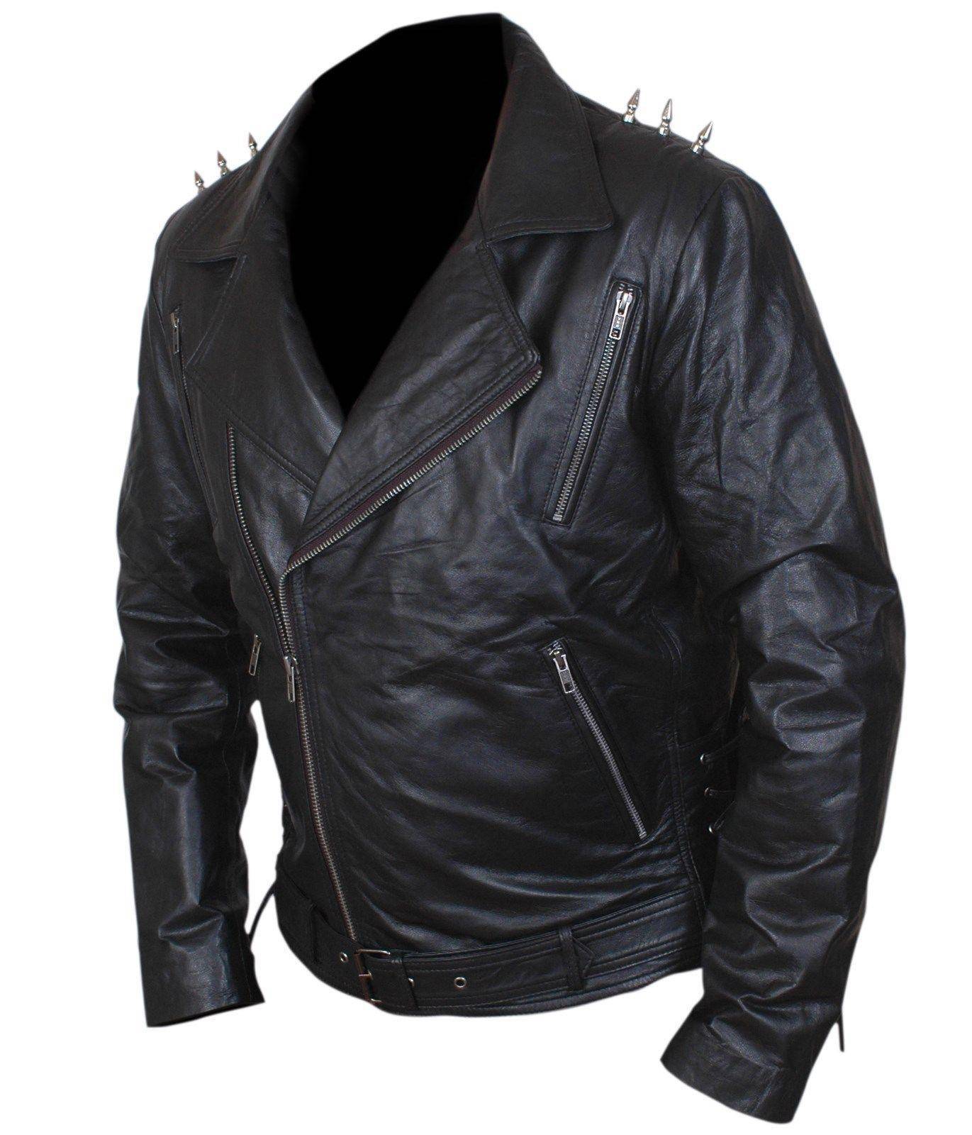 Kids Ghost Rider Nicholas Cage Biker Jacket with Metal Spikes — back view with vintage biker cut