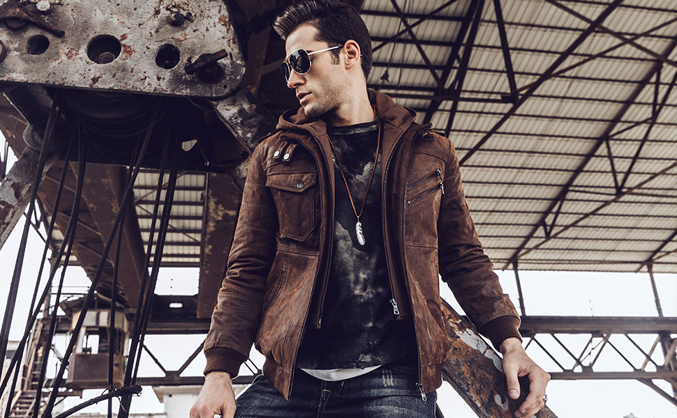 FLAVOR Men Brown Leather Motorcycle Jacket with Removable Hood at   Men’s Clothing store