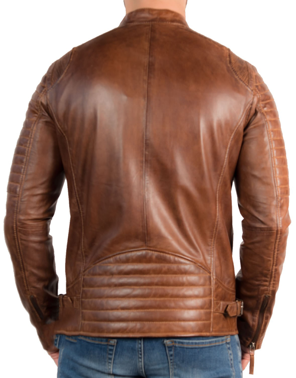 Mens Brown Fashion Leather Biker Jacket — alternate view highlighting the premium hardware and double stitching details