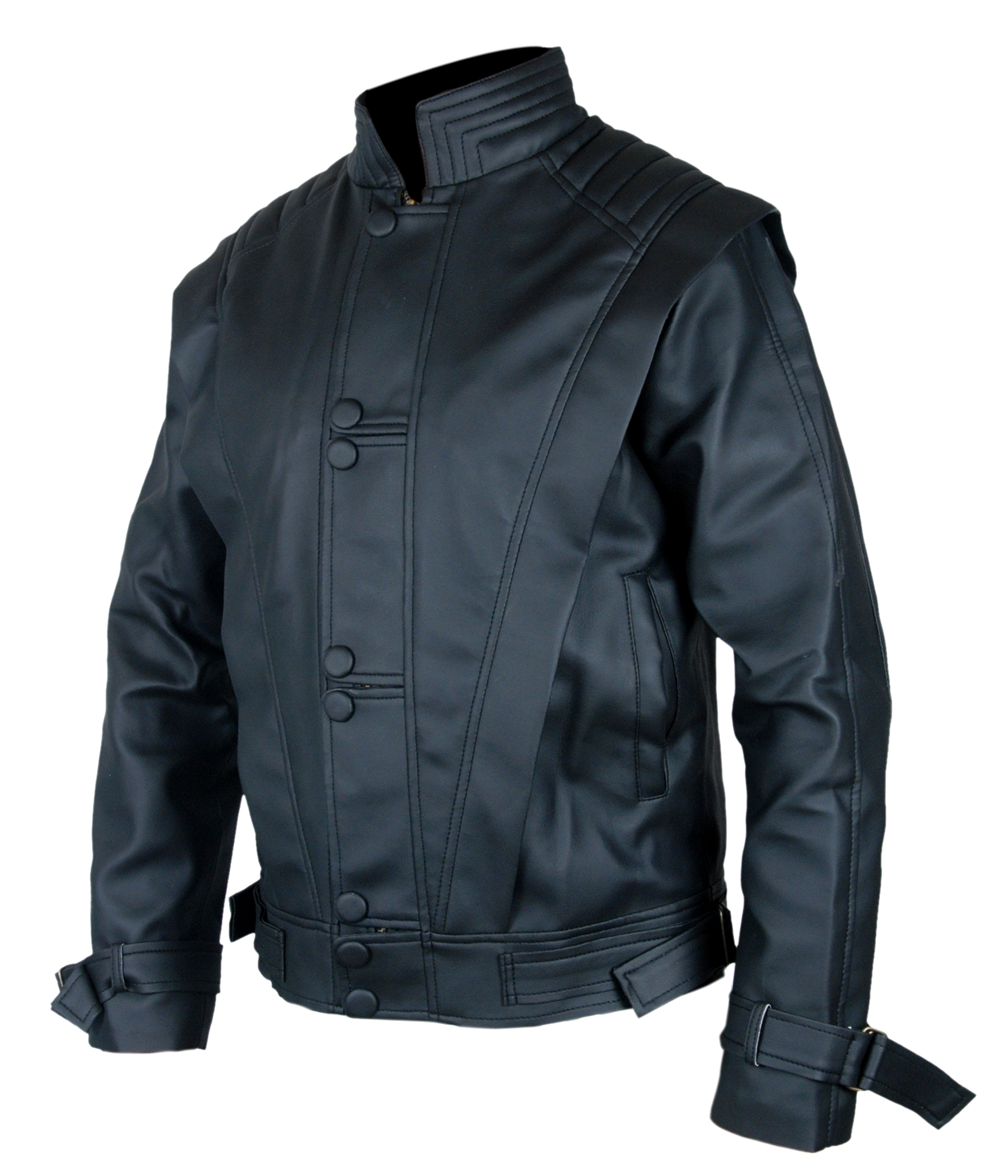MICHAEL JACKSON COSTUME BLACK THRILLER — side profile showing the classic bomber jacket fit and ribbed hem