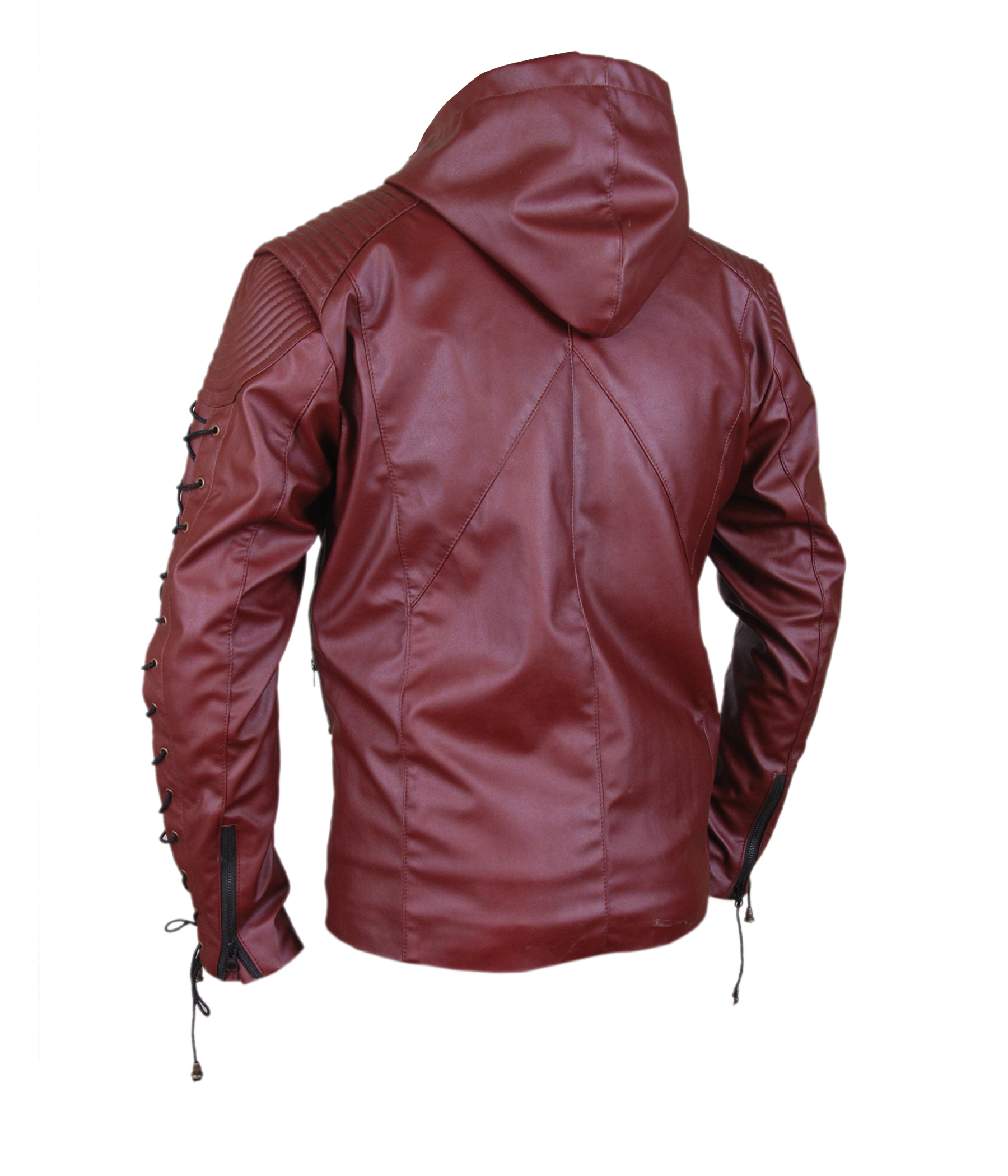 Arrow-Arsenal detail view of the jacket's collar and shoulder area