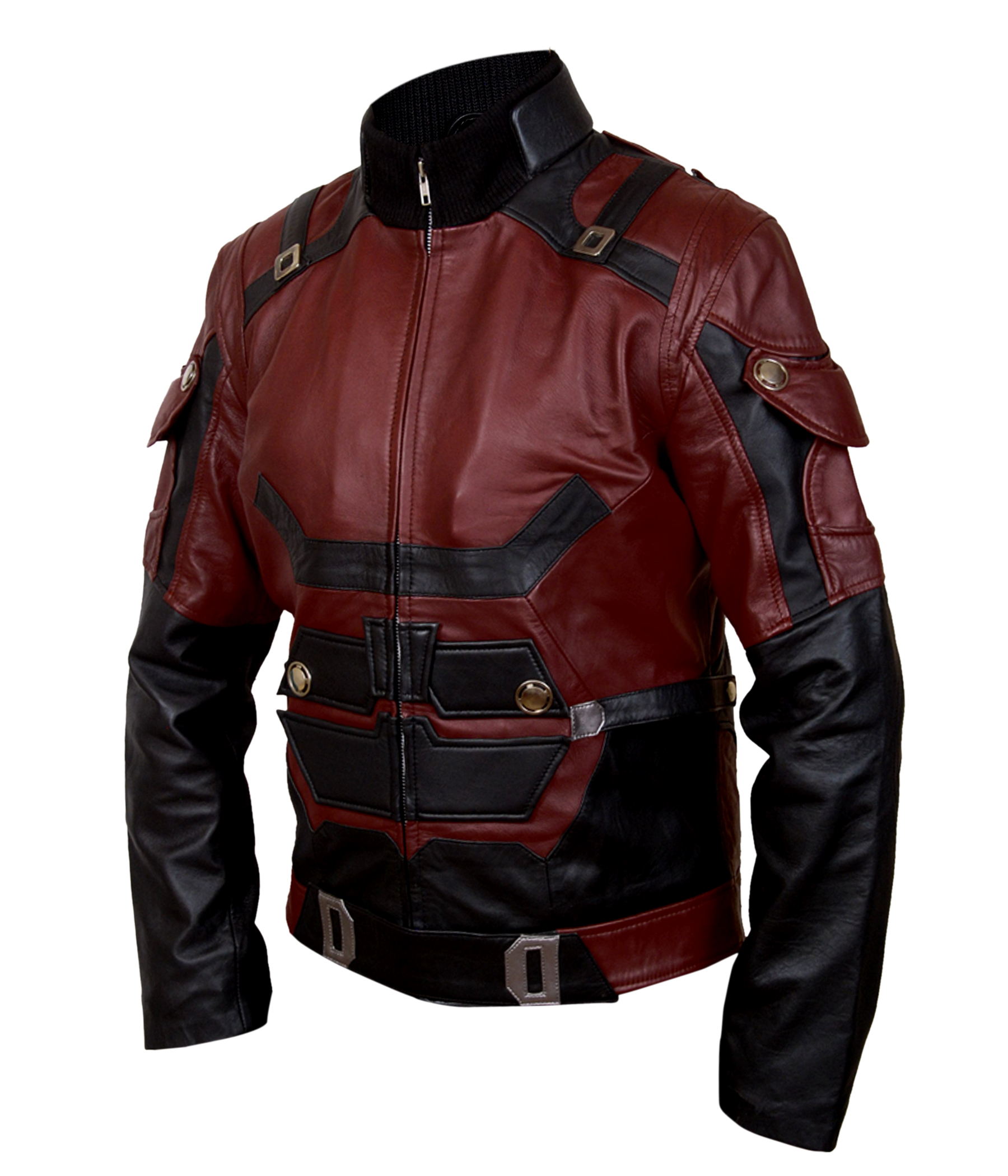 Daredevil-Maroon detail view of front zipper and lapel