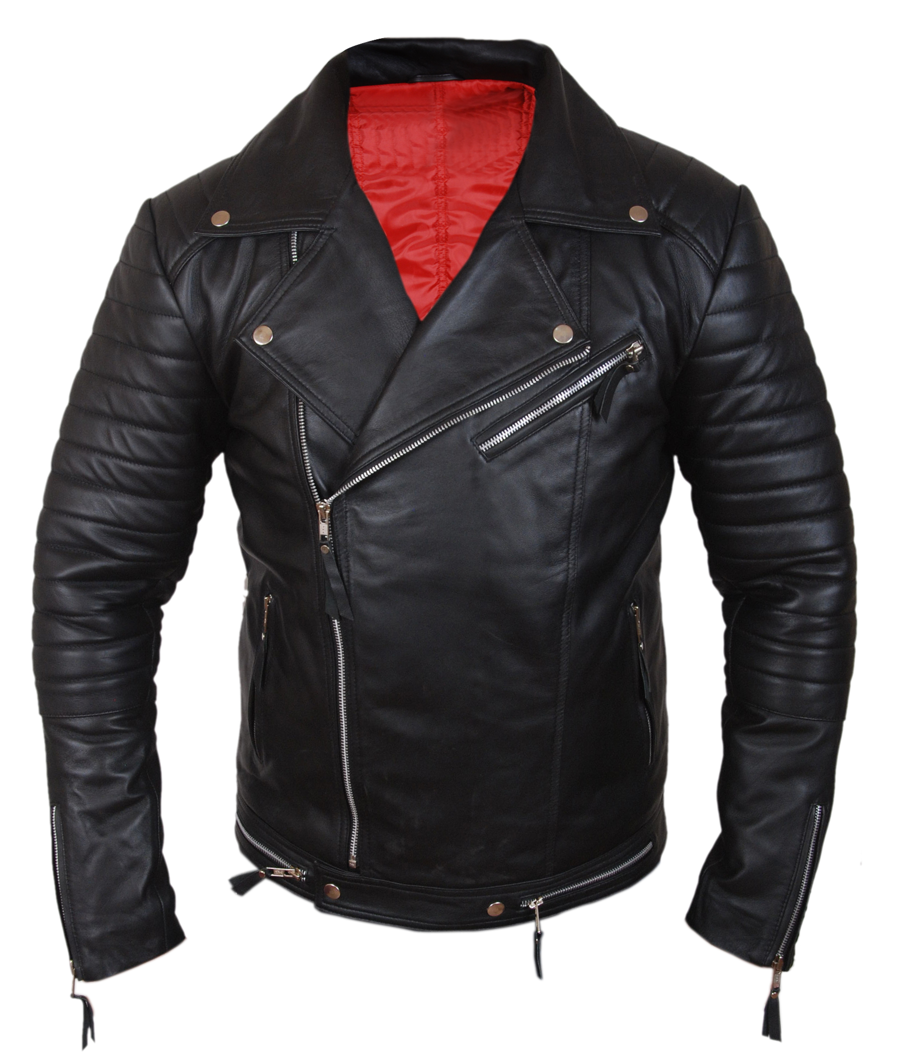 Red-Lining-Biker — premium leather biker jacket with red lining, front view