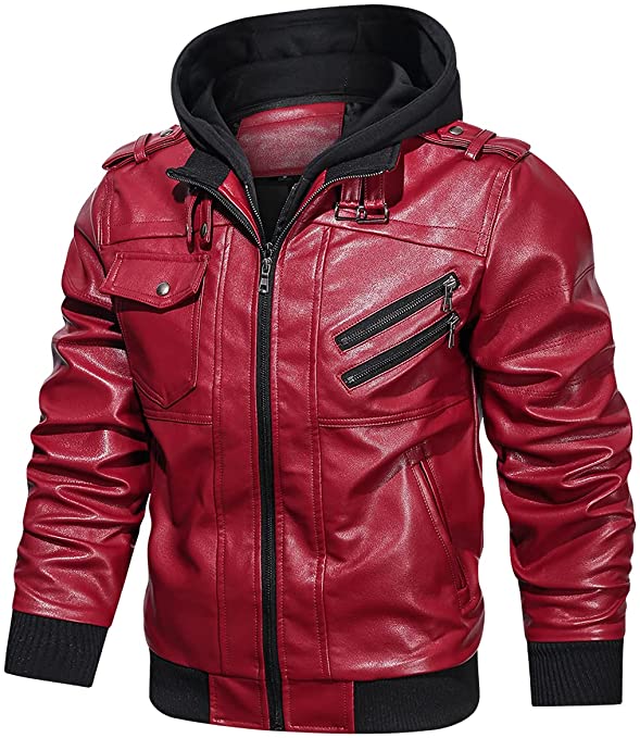 Red Hoodie Jacket - Red Leather Jacket Mens — detail / alternate view 3