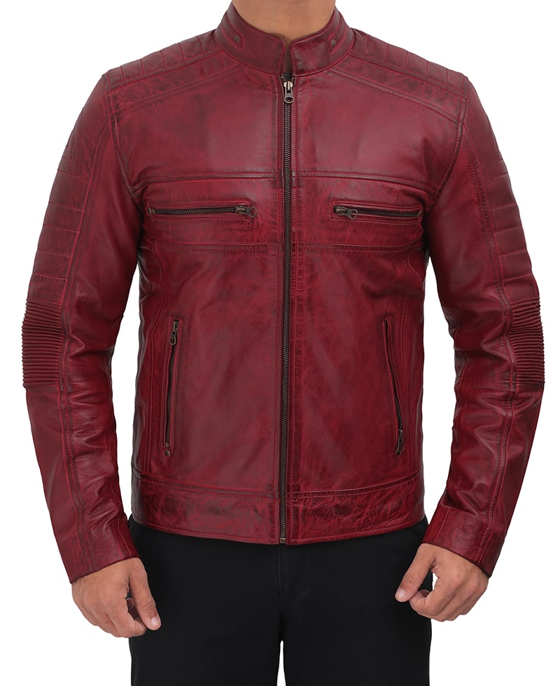 Austin Mens Cafe Racer Maroon Leather Jacket cafe racer profile showing structured fit