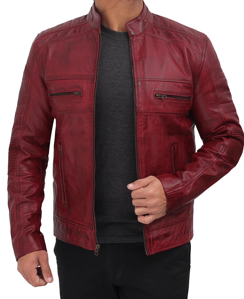 Austin Mens Cafe Racer Maroon Leather Jacket biker style red leather biker jacket mens look