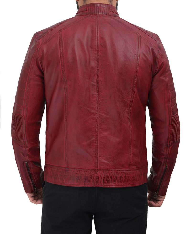 Austin Mens Cafe Racer Maroon Leather Jacket angled view showing maroon leather moto jacket detailing