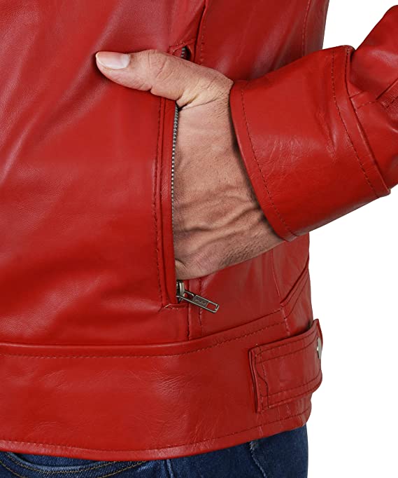 Red Cafe Racer Jacket - Red Leather Jacket Mens — detail / alternate view 3