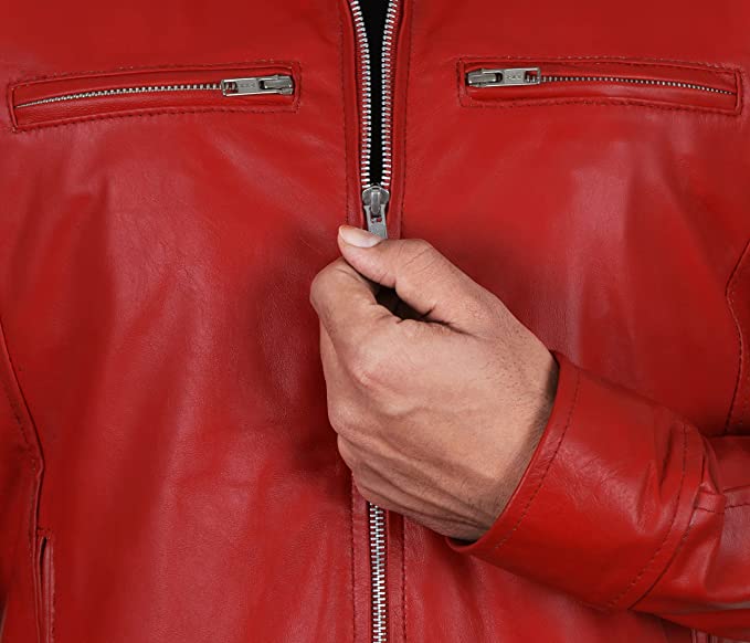 Red Cafe Racer Jacket - Red Leather Jacket Mens — detail / alternate view 5