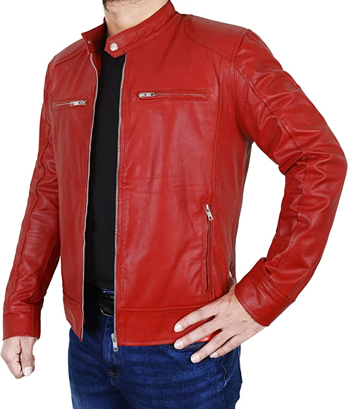 Red Cafe Racer Jacket - Red Leather Jacket Mens — detail / alternate view 6