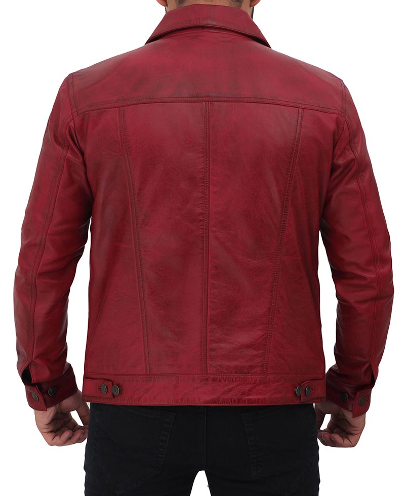 Fernando Mens Maroon Leather Trucker Jacket — detail / alternate view 1