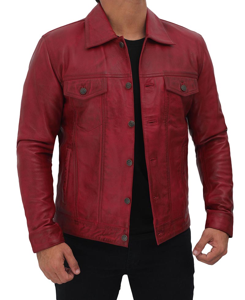 Fernando Mens Maroon Leather Trucker Jacket — detail / alternate view 4