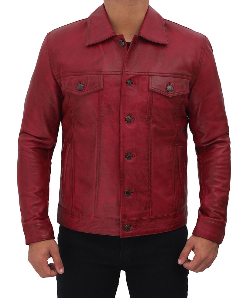 Fernando Mens Maroon Leather Trucker Jacket — detail / alternate view 3