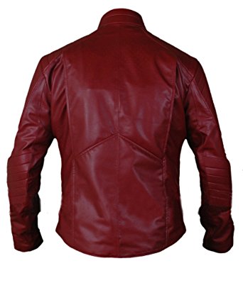 Superman Maroon Man Of Steel Jacket With Front Logo by MJ — side profile view highlighting the maroon and black color blocking