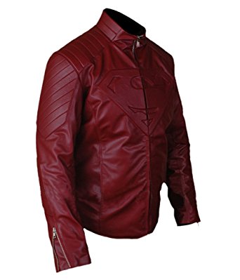 Superman Maroon Man Of Steel Jacket With Front Logo by MJ — close-up detail of the premium leather texture and front zipper